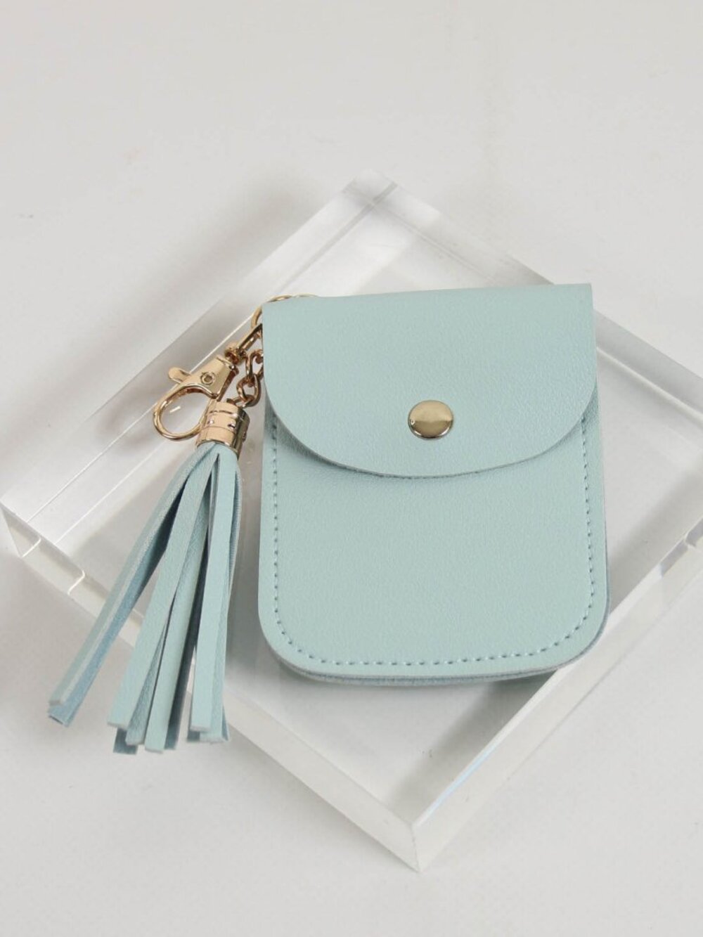 Pastel Blue Faux Leather Card Holder Keychain Wallet